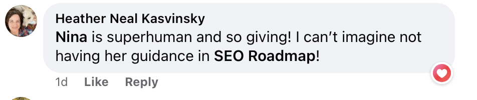 "Heather Neal Kasvinsky
Nina is superhuman and so giving! I can't imagine not having her guidance in SEO Roadmap!"